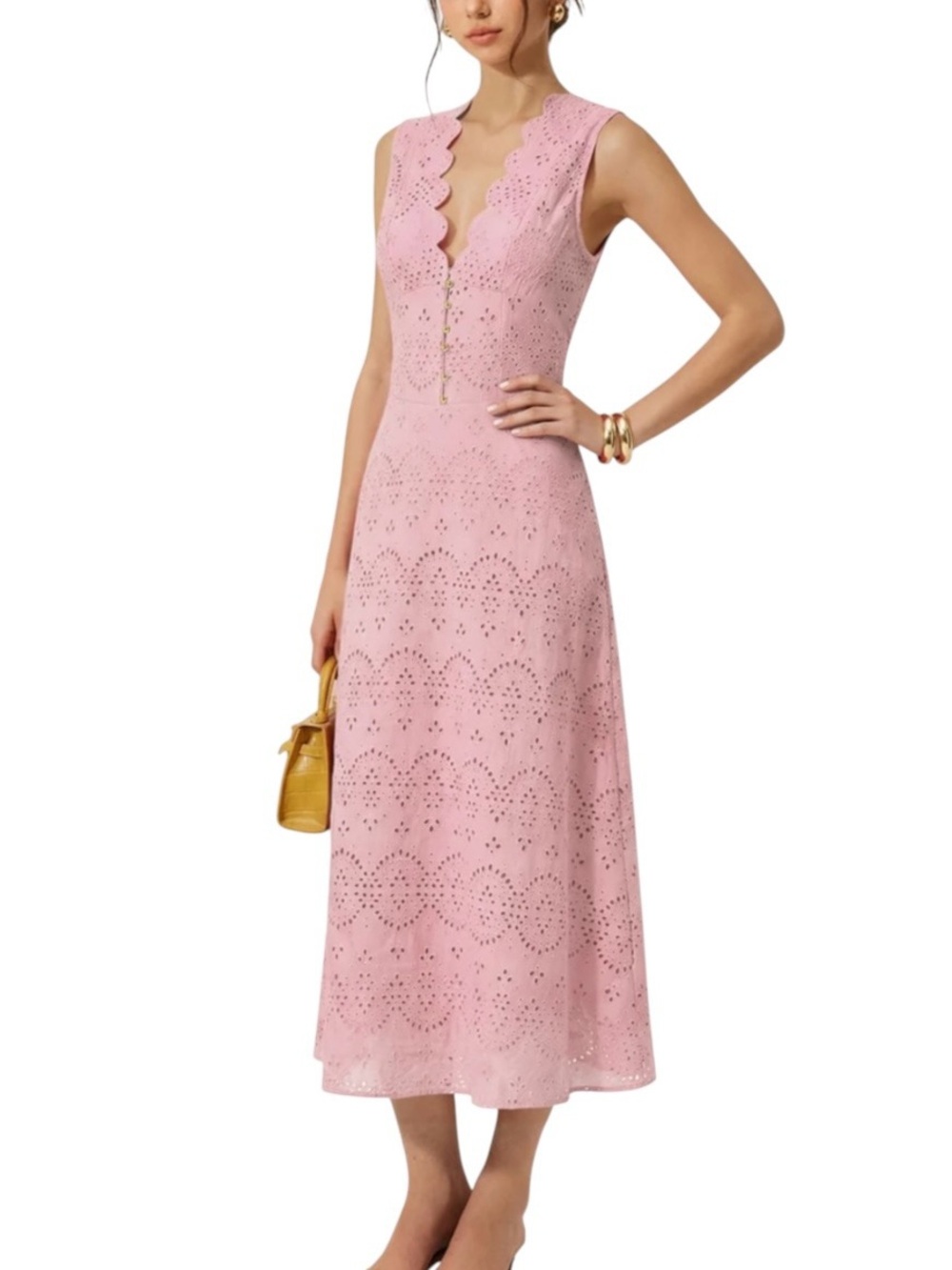 Commense Pink Cotton Embroidered Eyelet Deep V Neck Maxi Dress Small NWT